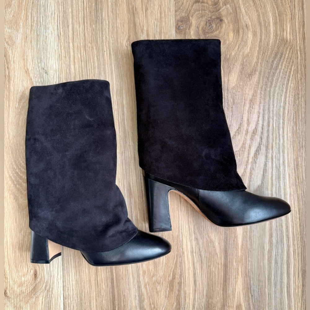 STUART WEITZMAN Lucinda Black Suede & Leather Fold-Over Boots - Picture 7 of 11
